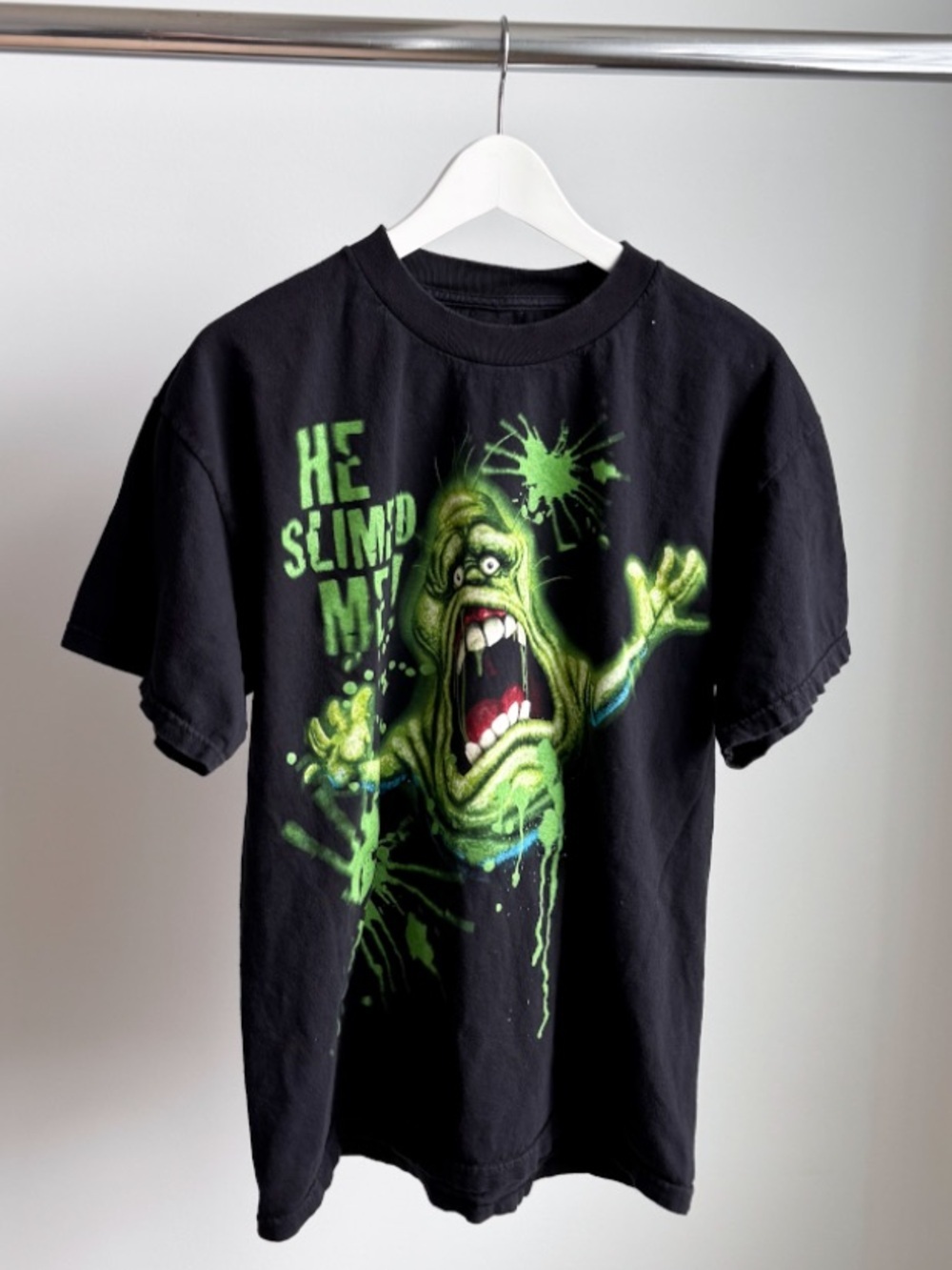 Ghostbusters Slimer He Slimed Me Graphic Tee Black L 21.25x27 Y2K SciFi